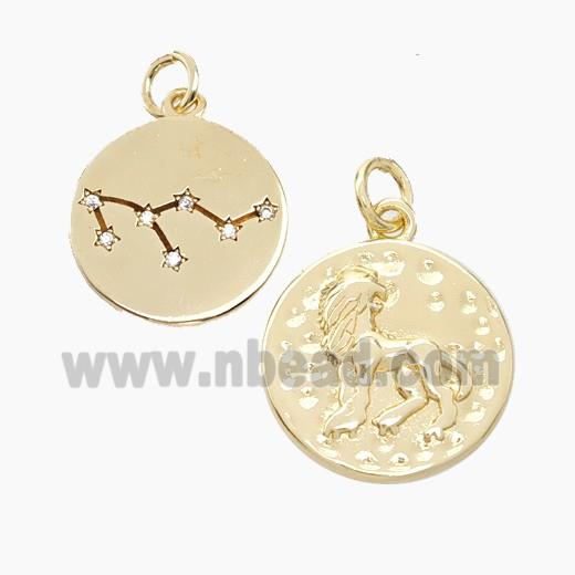 Copper Circle Pendant Pave Zirconia Zodiac Leo Gold Plated