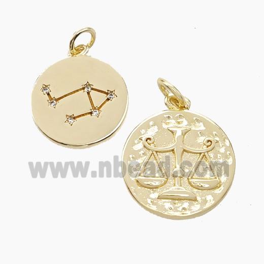 Copper Circle Pendant Pave Zirconia Zodiac Libra Gold Plated