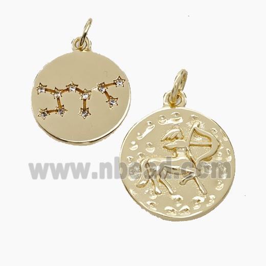 Copper Circle Pendant Pave Zirconia Zodiac Sagittarius Gold Plated