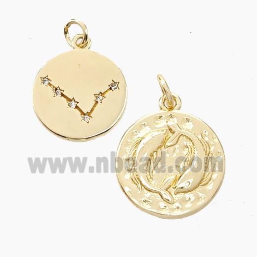 Copper Circle Pendant Pave Zirconia Zodiac Pisces Gold Plated