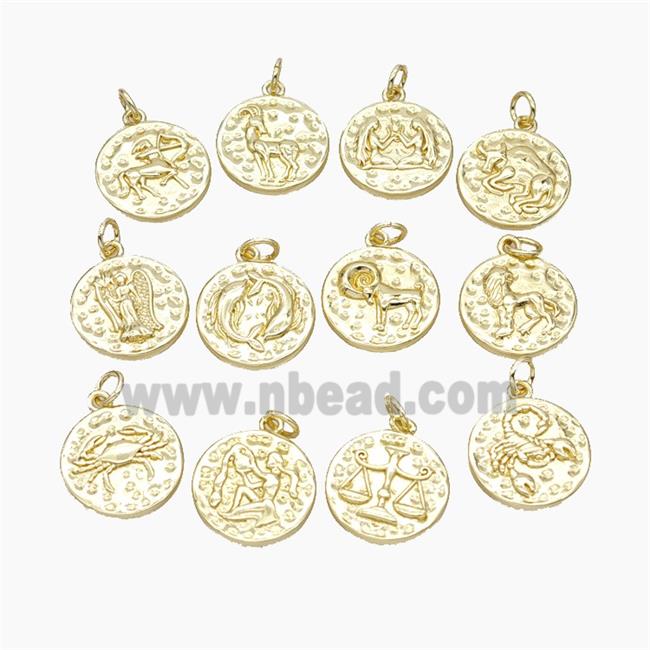 Copper Circle Pendant Pave Zirconia Zodiac Gold Plated Mixed