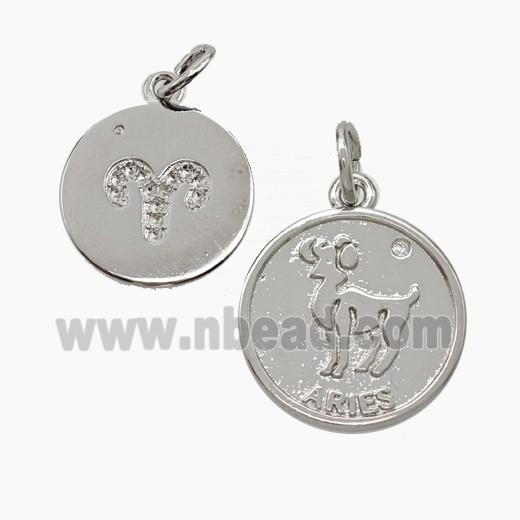 Zodiac Aries Copper Circle Pendant Pave Zirconia Platinum Plated