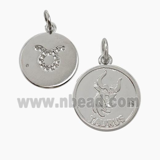 Zodiac Taurus Copper Circle Pendant Pave Zirconia Platinum Plated