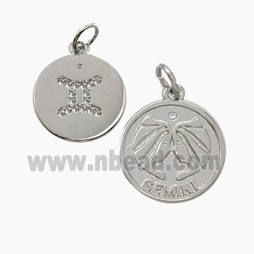 Zodiac Gemini Copper Circle Pendant Pave Zirconia Platinum Plated