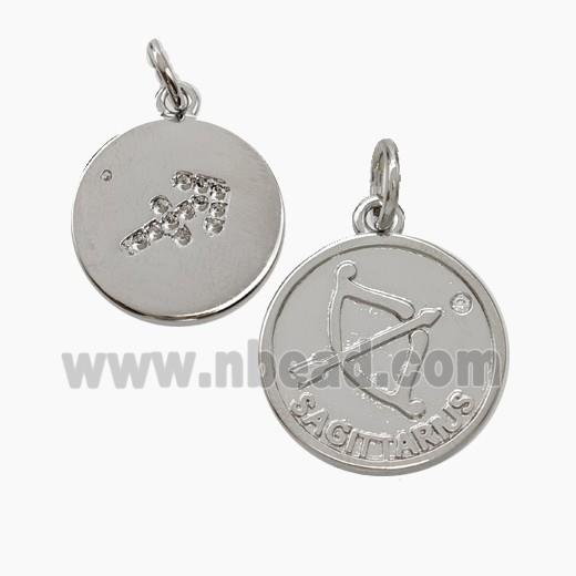 Zodiac Sagittarius Copper Circle Pendant Pave Zirconia Platinum Plated