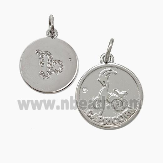 Zodiac Capricorn Copper Circle Pendant Pave Zirconia Platinum Plated