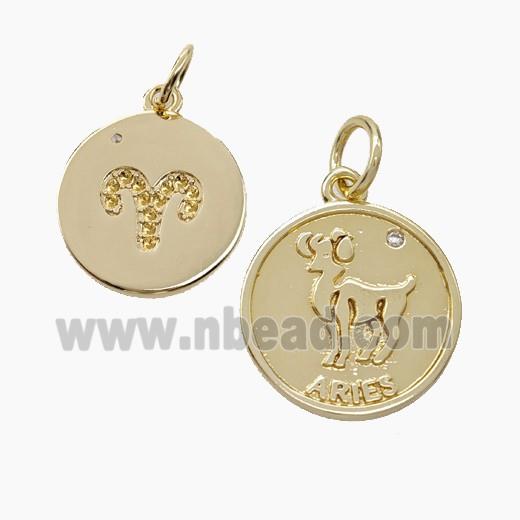 Zodiac Aries Copper Circle Pendant Pave Zirconia Gold Plated