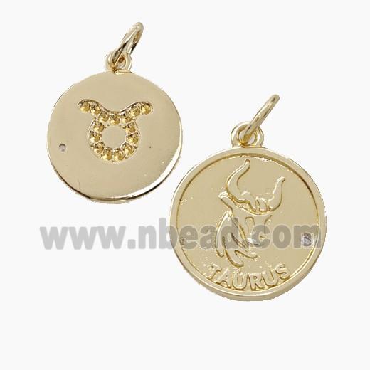 Zodiac Taurus Copper Circle Pendant Pave Zirconia Gold Plated