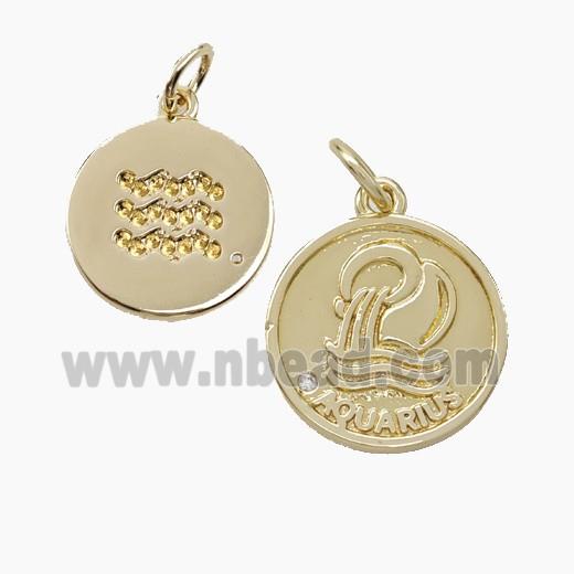 Zodiac Aquarius Copper Circle Pendant Pave Zirconia Gold Plated