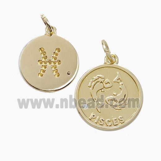 Zodiac Pisces Copper Circle Pendant Pave Zirconia Gold Plated