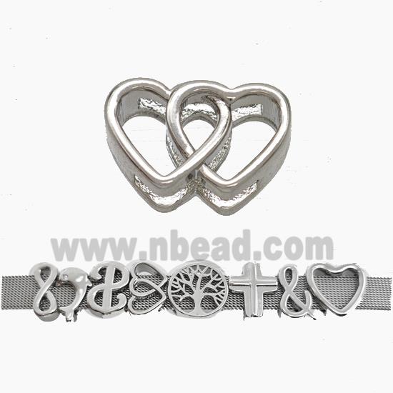 Copper Watchband Beads Double Heart Flat Hole Platinum Plated