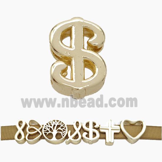 Copper Watchband Beads Dollar Sign Flat Hole Gold Plated