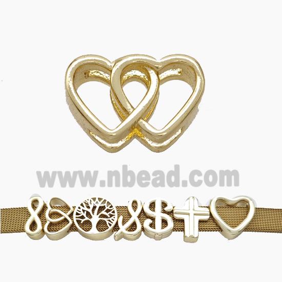 Copper Watchband Beads Double Heart Flat Hole Gold Plated