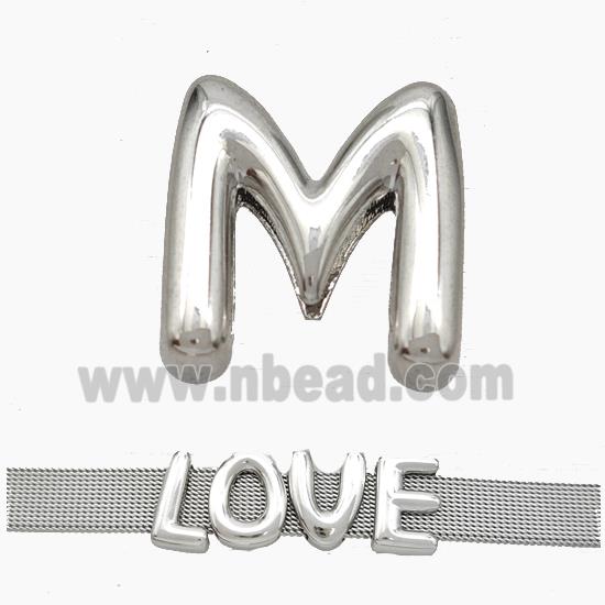 Copper Watchband Beads Letter-M Flat Hole Platinum Plated