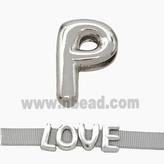 Copper Watchband Beads Letter-P Flat Hole Platinum Plated