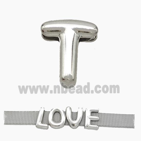 Copper Watchband Beads Letter-T Flat Hole Platinum Plated