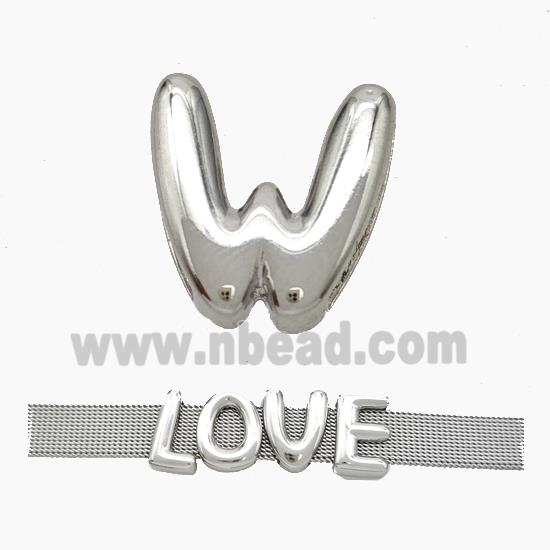 Copper Watchband Beads Letter-W Flat Hole Platinum Plated