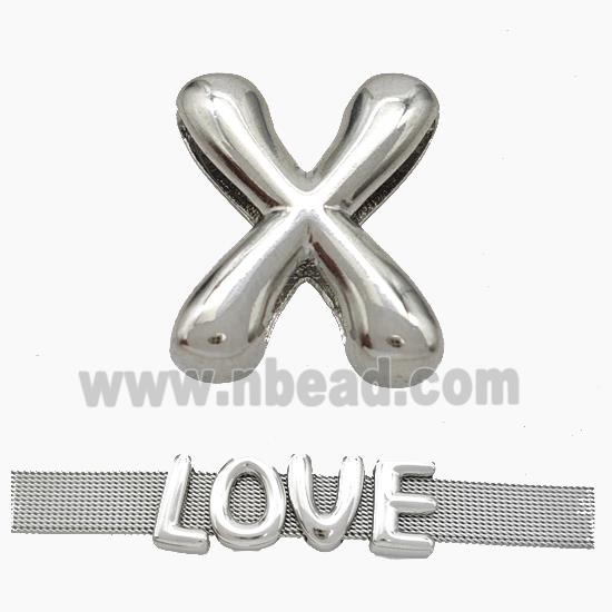 Copper Watchband Beads Letter-X Flat Hole Platinum Plated