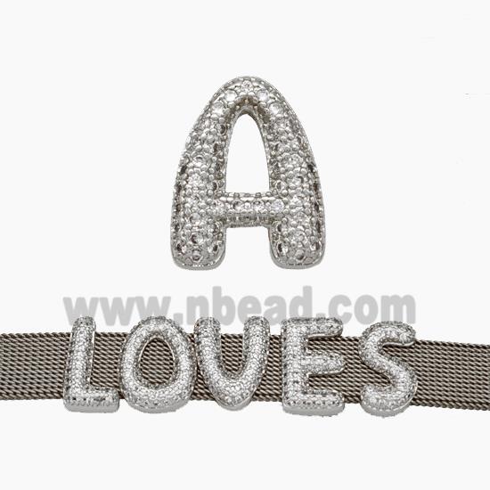 Copper Watchband Beads Pave Zirconia Letter-A Flat Hole Platinum Plated