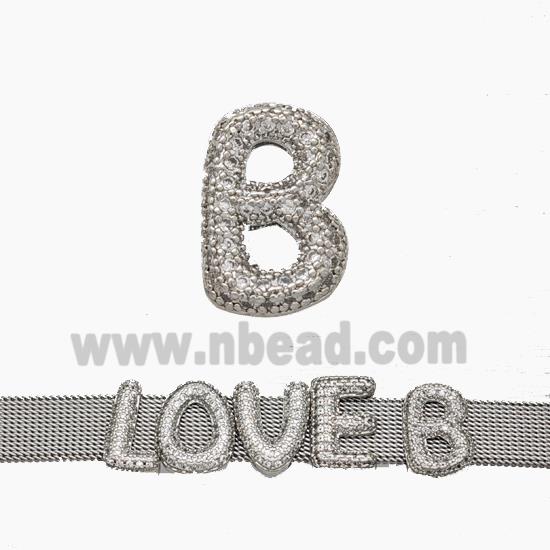 Copper Watchband Beads Pave Zirconia Letter-B Flat Hole Platinum Plated