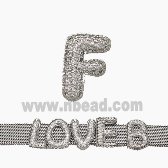 Copper Watchband Beads Pave Zirconia Letter-F Flat Hole Platinum Plated