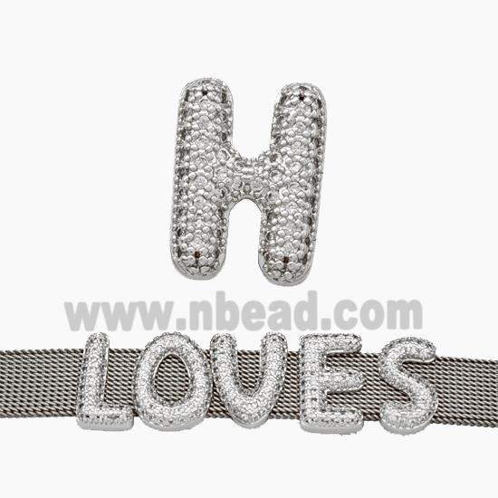 Copper Watchband Beads Pave Zirconia Letter-H Flat Hole Platinum Plated