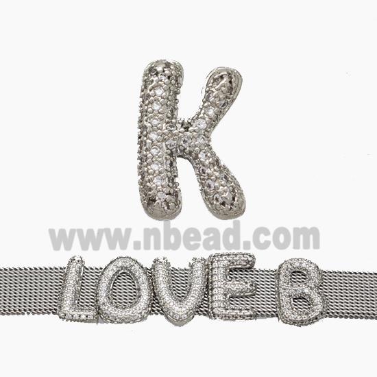 Copper Watchband Beads Pave Zirconia Letter-K Flat Hole Platinum Plated