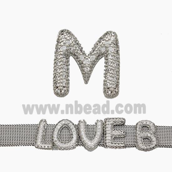 Copper Watchband Beads Pave Zirconia Letter-M Flat Hole Platinum Plated