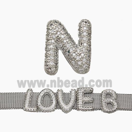 Copper Watchband Beads Pave Zirconia Letter-N Flat Hole Platinum Plated