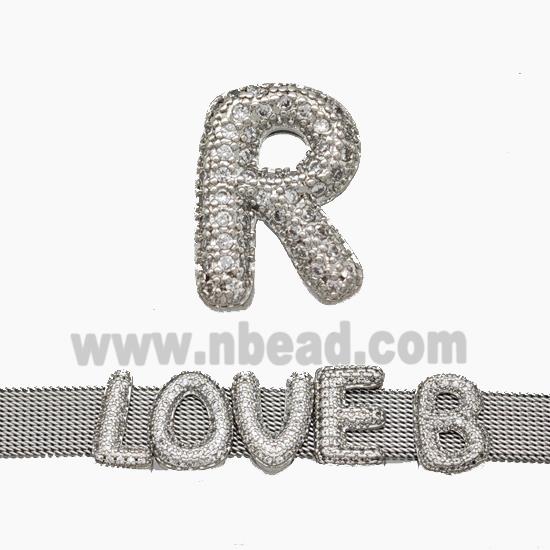 Copper Watchband Beads Pave Zirconia Letter-R Flat Hole Platinum Plated