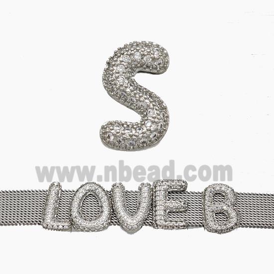 Copper Watchband Beads Pave Zirconia Letter-S Flat Hole Platinum Plated