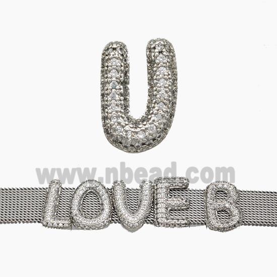 Copper Watchband Beads Pave Zirconia Letter-U Flat Hole Platinum Plated