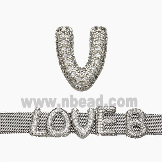 Copper Watchband Beads Pave Zirconia Letter-V Flat Hole Platinum Plated