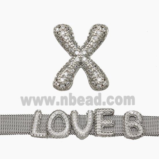 Copper Watchband Beads Pave Zirconia Letter-X Flat Hole Platinum Plated