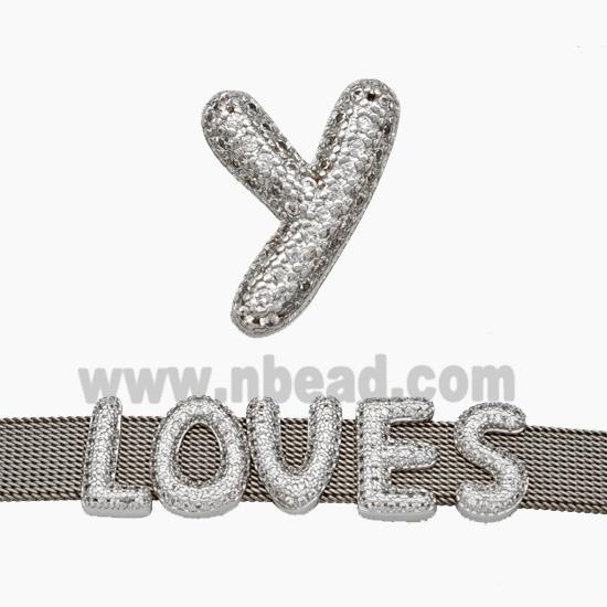 Copper Watchband Beads Pave Zirconia Letter-Y Flat Hole Platinum Plated