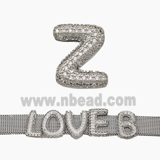 Copper Watchband Beads Pave Zirconia Letter-Z Flat Hole Platinum Plated