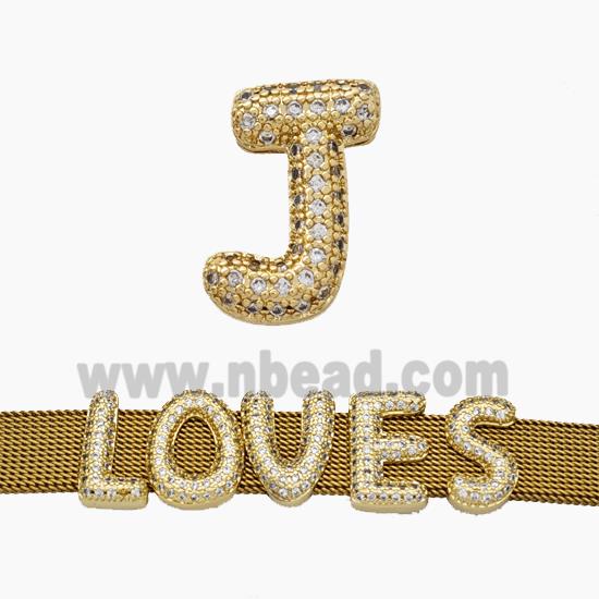 Copper Watchband Beads Pave Zirconia Letter-J Flat Hole Gold Plated