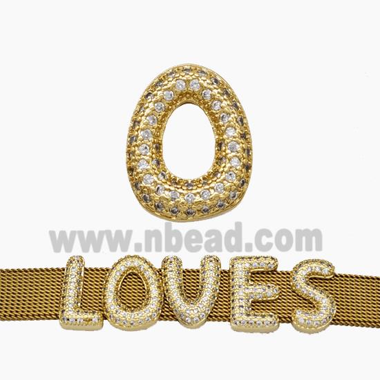 Copper Watchband Beads Pave Zirconia Letter-O Flat Hole Gold Plated