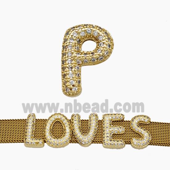 Copper Watchband Beads Pave Zirconia Letter-P Flat Hole Gold Plated