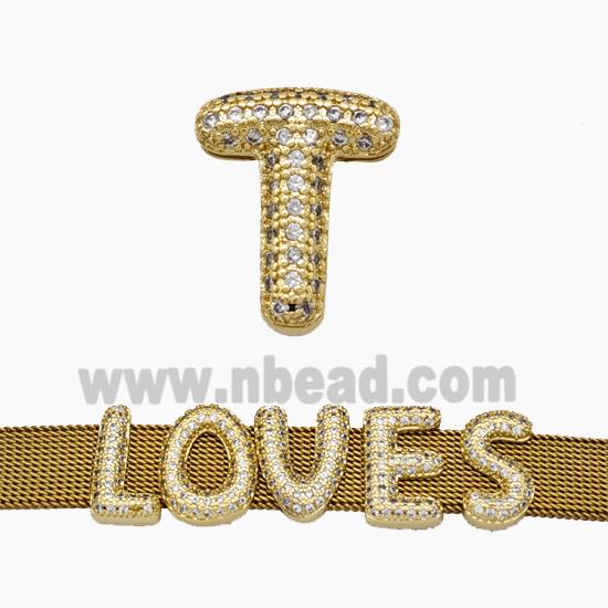 Copper Watchband Beads Pave Zirconia Letter-T Flat Hole Gold Plated