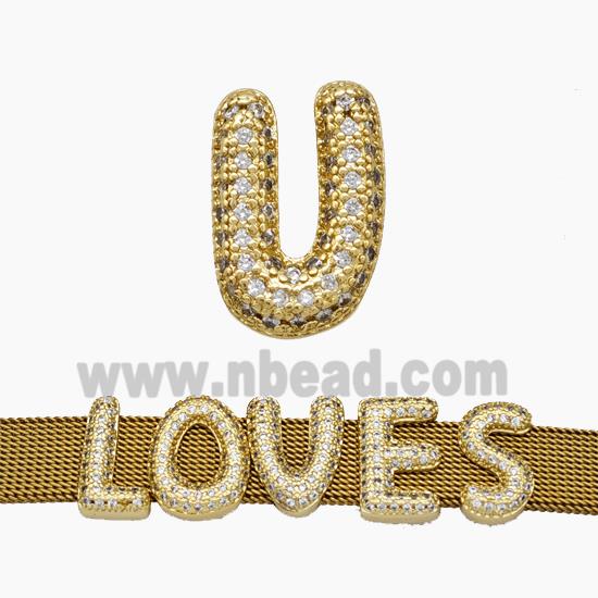 Copper Watchband Beads Pave Zirconia Letter-U Flat Hole Gold Plated