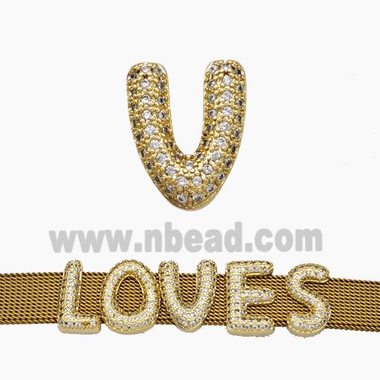 Copper Watchband Beads Pave Zirconia Letter-V Flat Hole Gold Plated