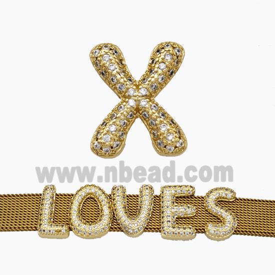 Copper Watchband Beads Pave Zirconia Letter-X Flat Hole Gold Plated