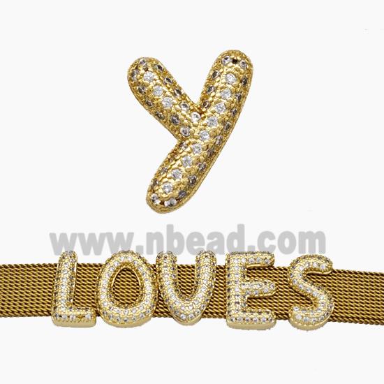 Copper Watchband Beads Pave Zirconia Letter-Y Flat Hole Gold Plated