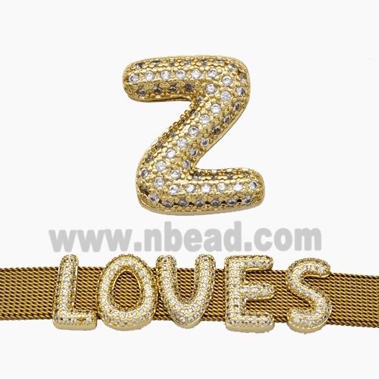 Copper Watchband Beads Pave Zirconia Letter-Z Flat Hole Gold Plated