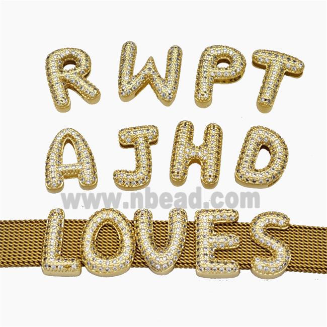 Copper Watchband Alphabet Beads Pave Zirconia Flat Hole Gold Plated Mix Letters