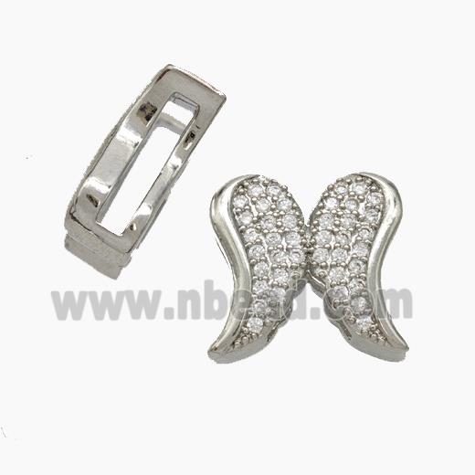 Copper Watchband Beads Pave Zirconia Angel Wings Flat Hole Platinum Plated