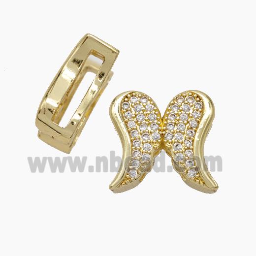 Copper Watchband Beads Pave Zirconia Angel Wings Flat Hole Gold Plated