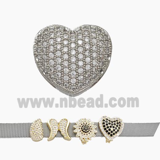 Copper Watchband Beads Pave Zirconia Heart Flat Hole Platinum Plated