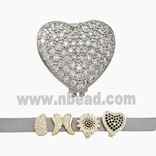 Copper Watchband Beads Pave Zirconia Heart Flat Hole Platinum Plated